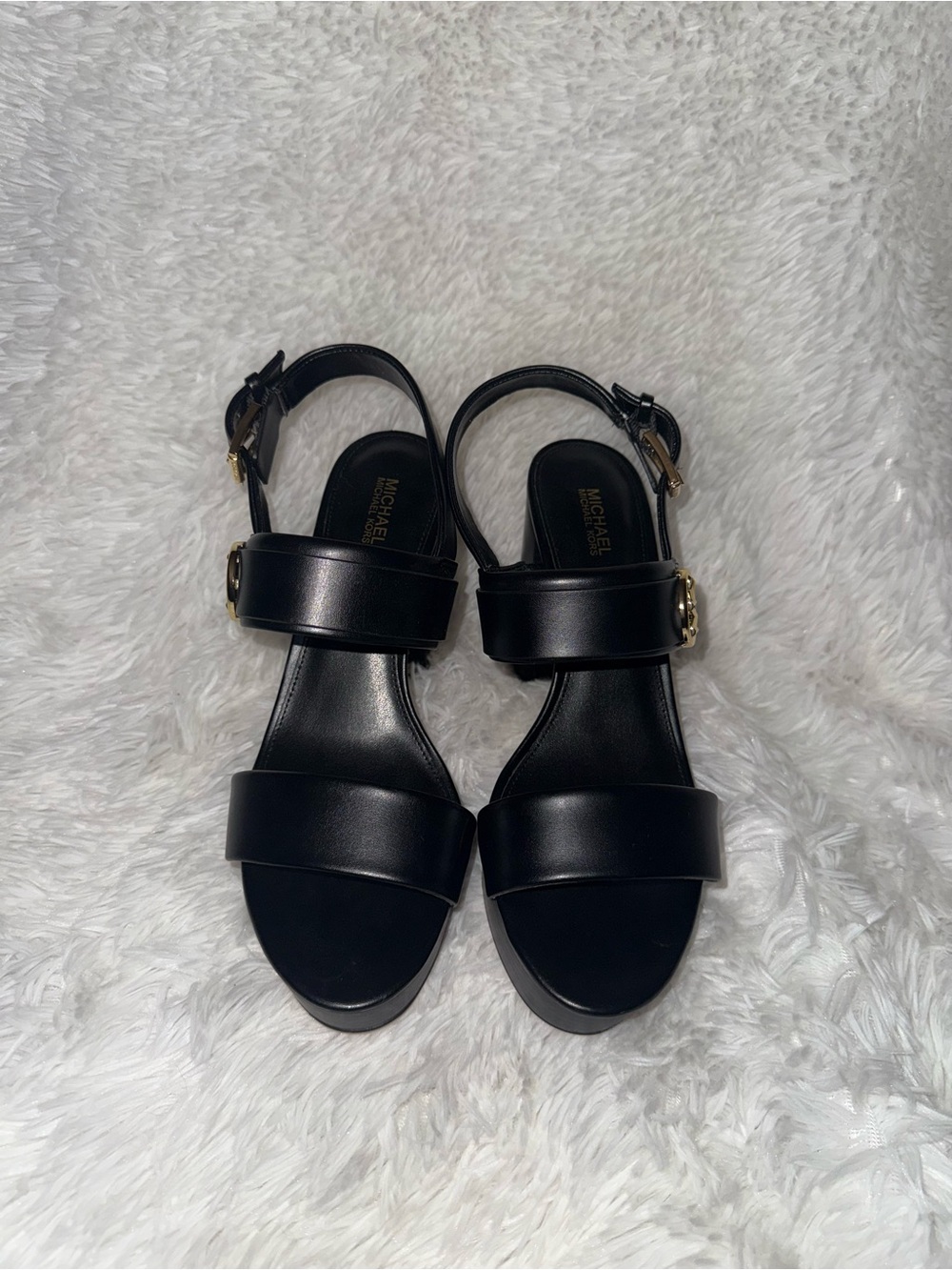 Michael Kors Black Leather Double-Strap Slingback Heal Sandals with Gold Buckle